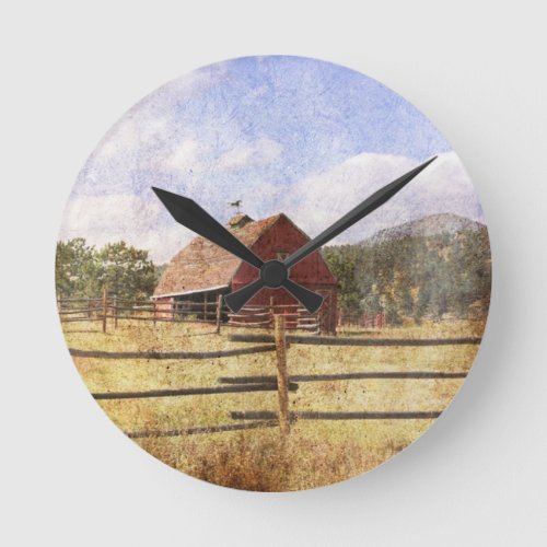 Woodgrain Western Country Farm Primitive Red Barn Round Clock