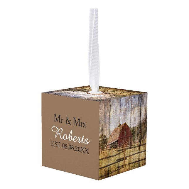 woodgrain western country red barn wedding cube ornament (Back Angled)