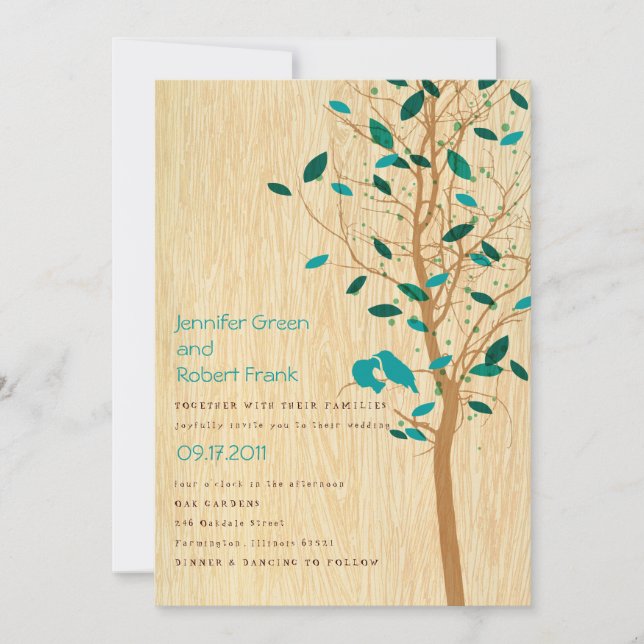 Woodgrain with Blue Love Birds in Tree Invitation (Front)