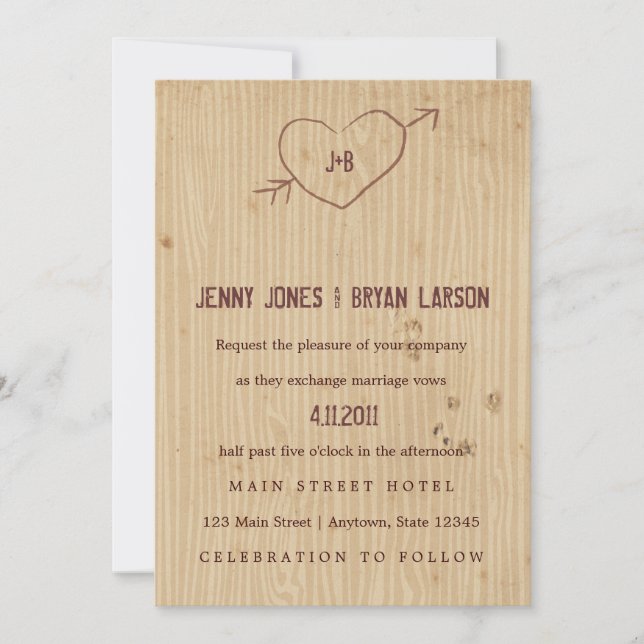 Woodgrain with Heart Wedding Invitation (Front)