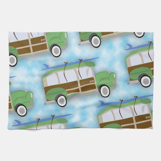 Woodie Surfin Wagon Pattern Kitchen Towel (Horizontal)