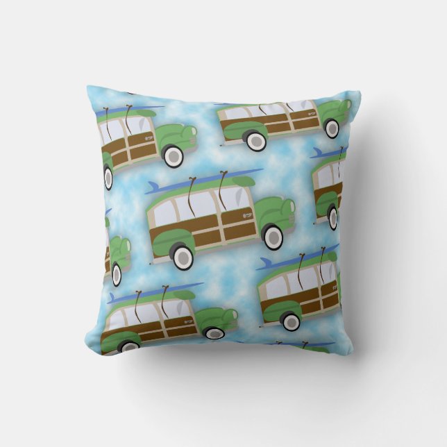 Woodie Surfin Wagon Pattern Throw Pillow (Front)