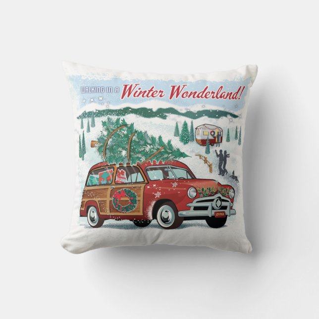 Woodie Wagon Retro Christmas Throw Pillow (Front)