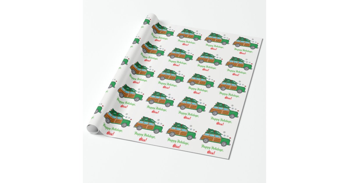 Woodie With Christmas Tree Name Customizable Wrapping Paper