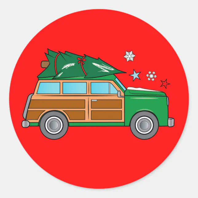 Woodie with Christmas Tree Ready to be Trimmed Classic Round Sticker