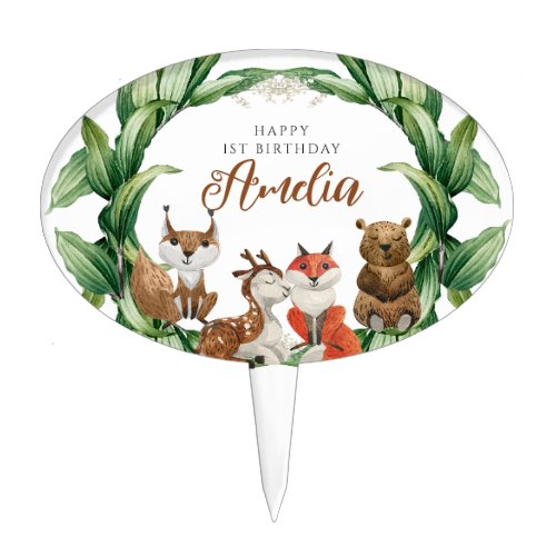 Woodland 1st Birthday Cute Animals Leaves  Cake Topper