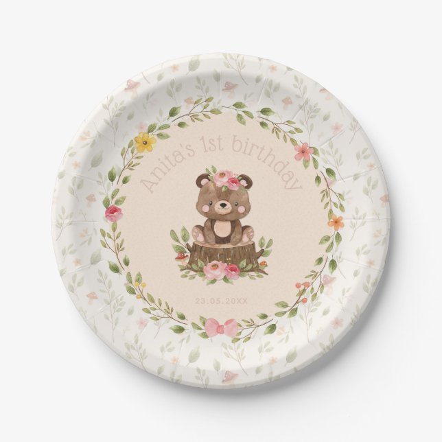 Woodland 1st Birthday Girl Cute Bear Forest Floral Paper Plates (Front)