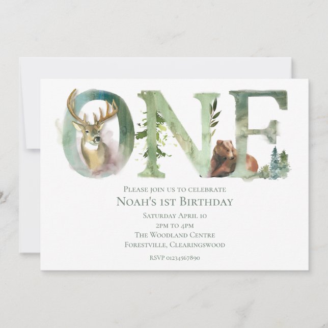 Woodland 1st Birthday Invitation (Front)