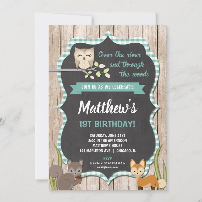 Woodland 1st birthday invitations boy (Front)
