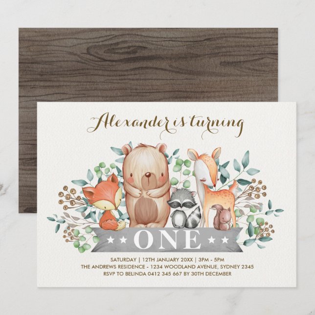 Woodland 1st Birthday | Whimsical Forest Animals Invitation (Front/Back)