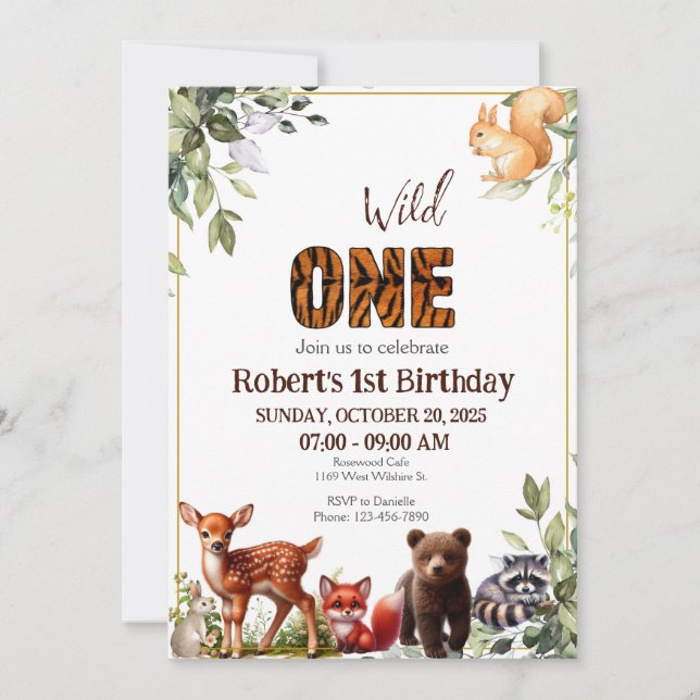 Woodland 1st Wild One Forest Animals Birthday Invitation (Front)