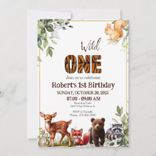 Woodland 1st Wild One Forest Animals Birthday Invitation
