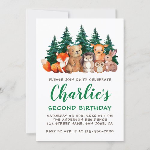 Woodland 2nd Birthday Forest Animals Green Script  Invitation