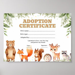 Woodland adopt a pet coloring certificate poster