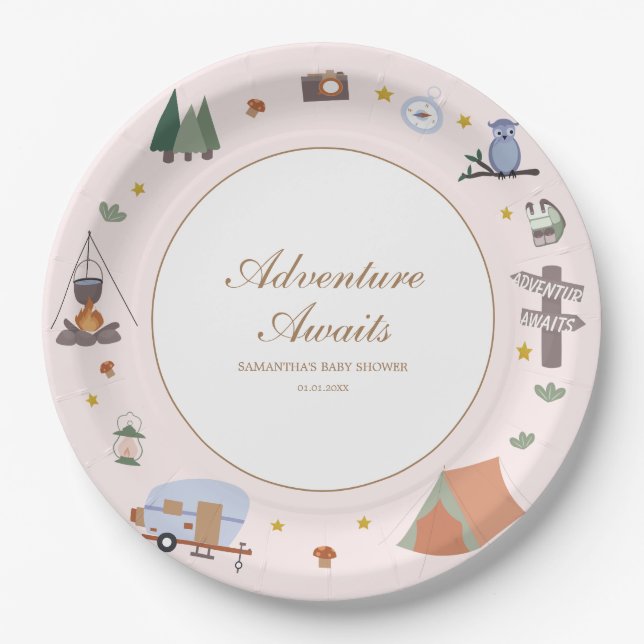 Woodland Adventure Awaits Camping Baby Shower Paper Plates (Front)