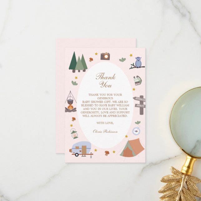 Woodland Adventure Awaits Camping Baby Shower Thank You Card (Front/Back In Situ)