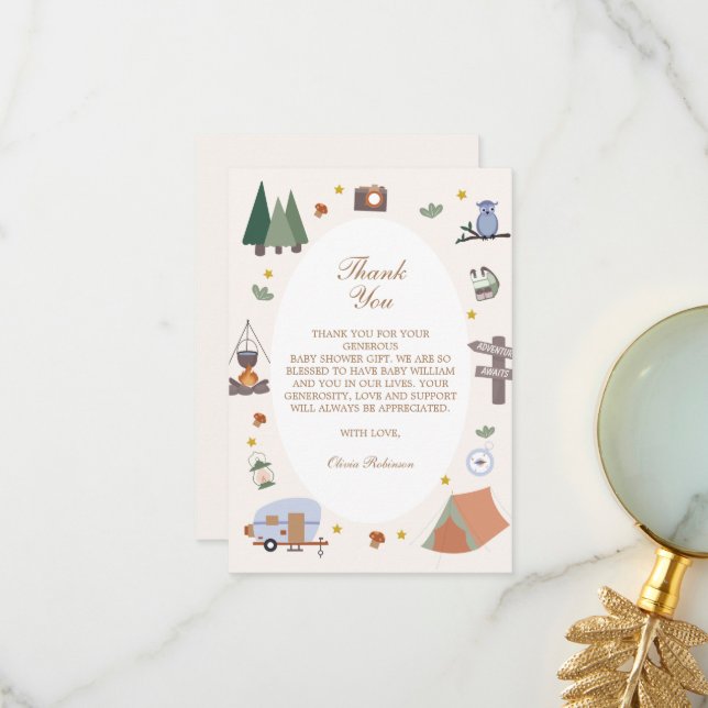 Woodland Adventure Awaits Camping Baby Shower Thank You Card (Front/Back In Situ)