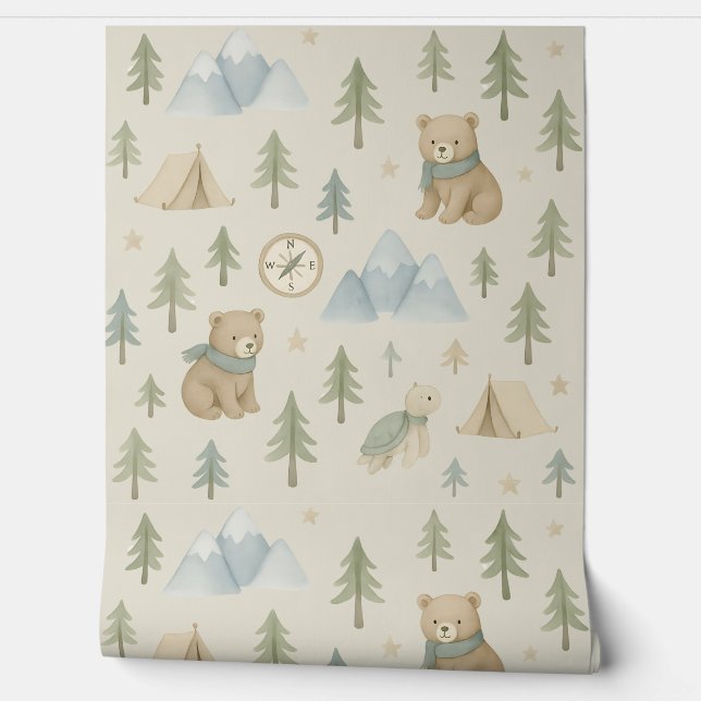 Woodland Adventure boy Nursery Wallpaper Bears Wallpaper (Unrolling)