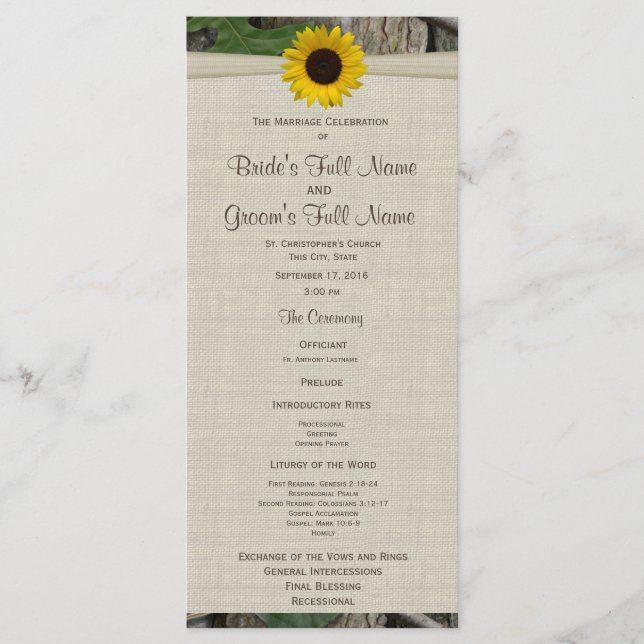Woodland and Sunflower Wedding Program (Front)
