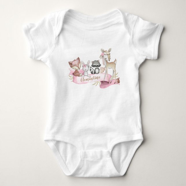 Woodland Animal Baby Girl Personalized Bodysuit (Front)