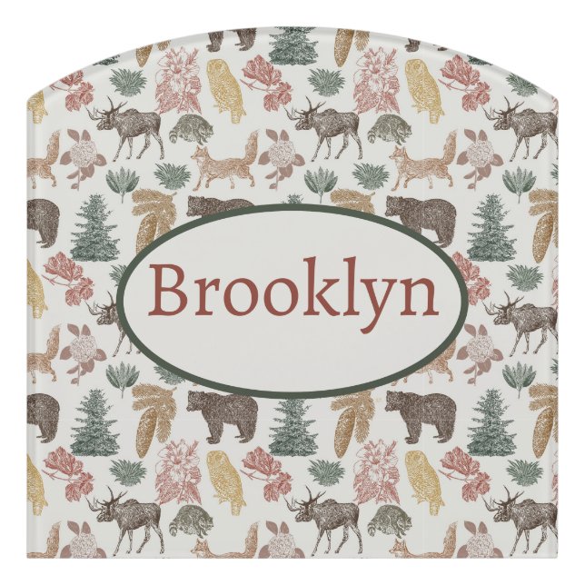 Woodland Animal Baby Nursery – Bears, Moose, Owls, Door Sign (Contour Front)