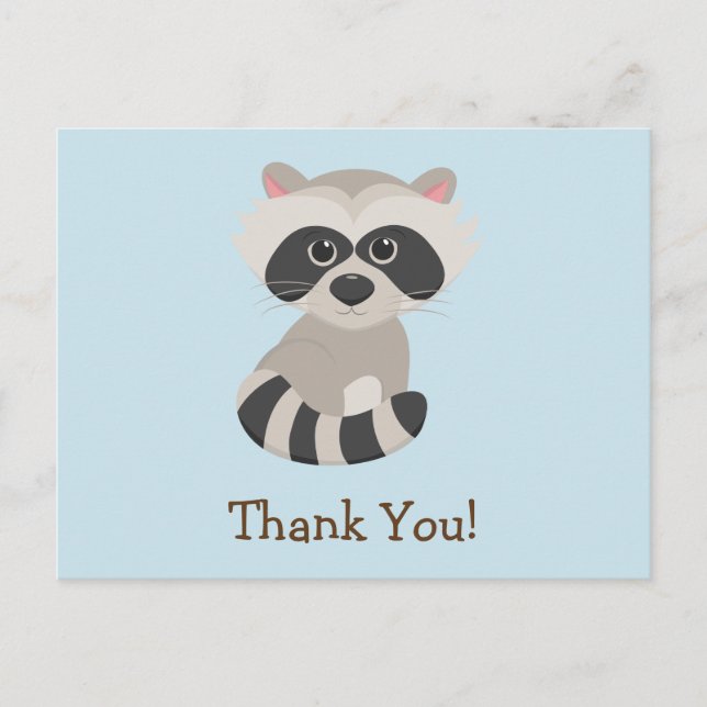 Woodland Animal Baby Raccoon on Blue Thank You Postcard (Front)