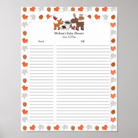 Woodland Animal Baby Shower Gift List / Guest List Poster