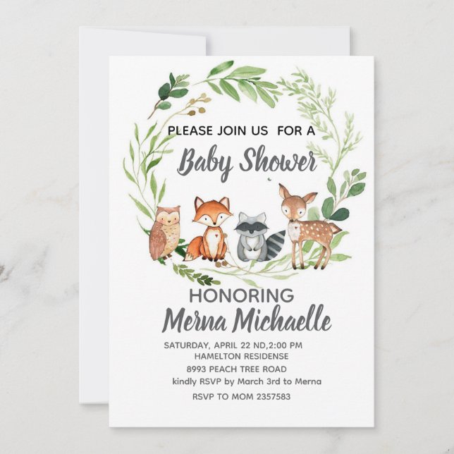 woodland animal  baby shower invitation (Front)