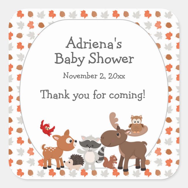 Woodland Animal Baby Shower Large Favor Square Sticker (Front)