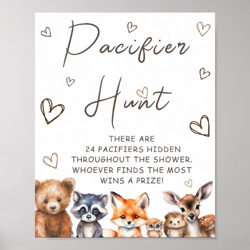 Woodland Animal Baby Shower Pacifier Hunt Game Poster