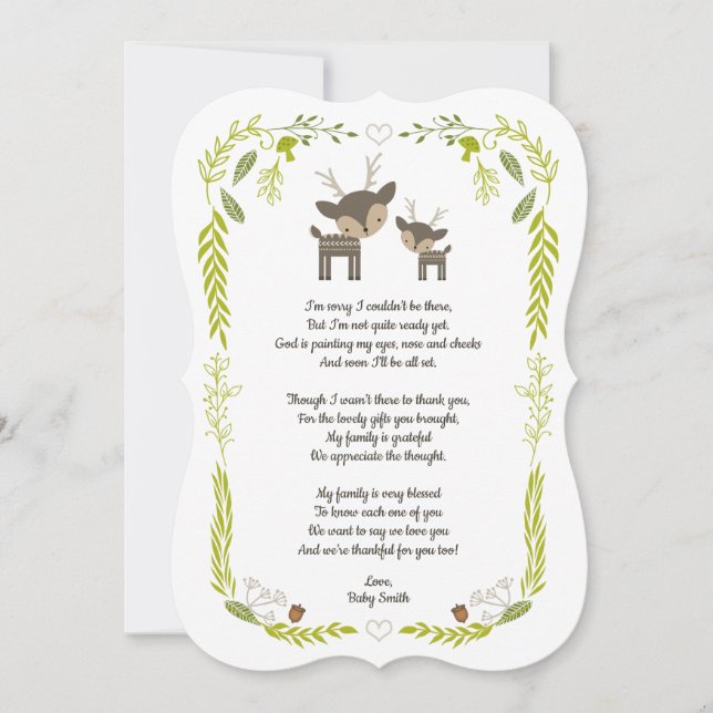 Woodland animal baby shower thank you note + poem (Front)
