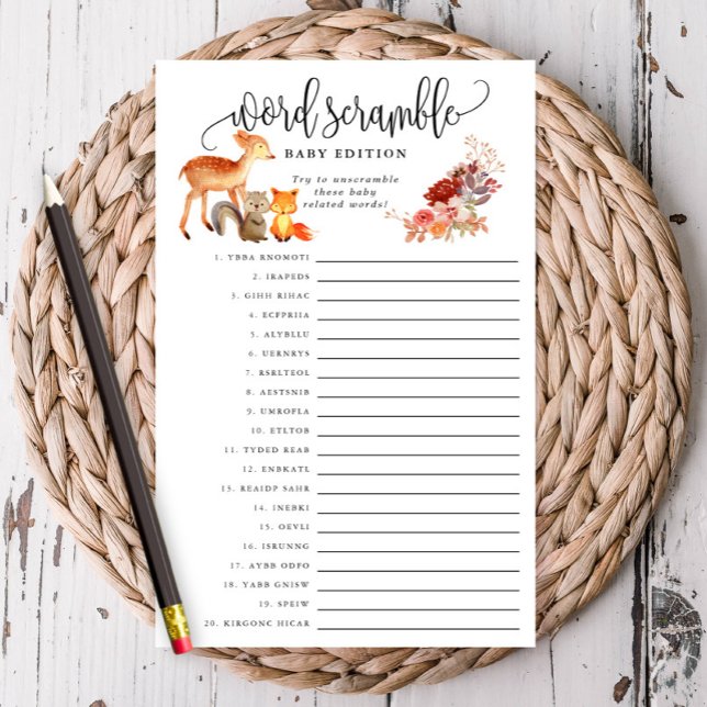 Woodland Animal Baby Word Scramble Paper Game Card (Creator Uploaded)