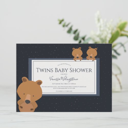 Woodland Animal Bear Blue Twin Cubs Baby Shower Invitation