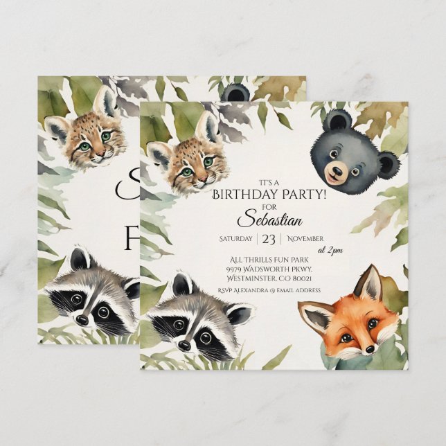 Woodland Animal Birthday Party Invitation (Front/Back)