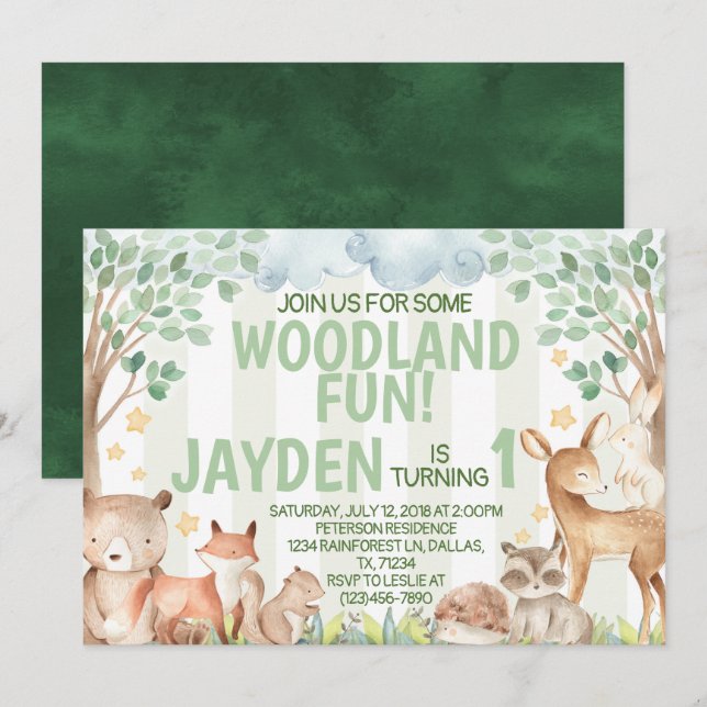 Woodland Animal Birthday Party Invitation Invite (Front/Back)
