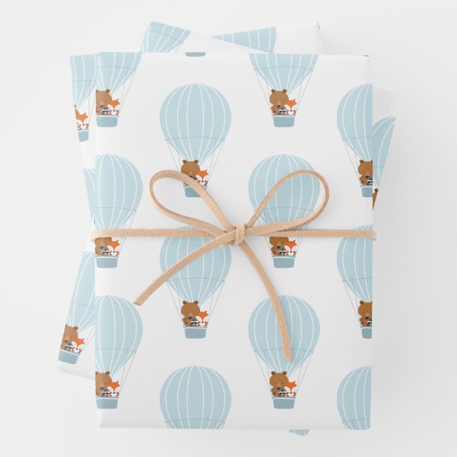 Woodland Animal Blue Hot Air Balloon Wrapping Paper Sheets (In situ)