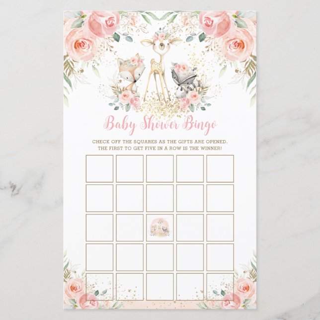 Woodland Animal Blush Floral Baby Shower Bingo (Front)