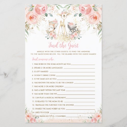 Woodland Animal Blush Floral Find the Guest Game