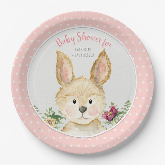 Woodland Animal Boho Bunny Rabbit Pink Baby Shower Paper Plates (Front)