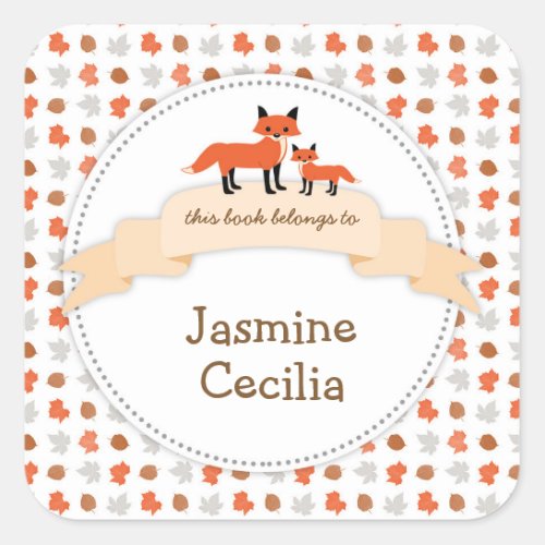 Woodland animal bookplate with mother baby fox