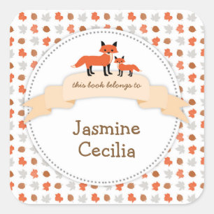 Woodland animal bookplate with mother baby fox