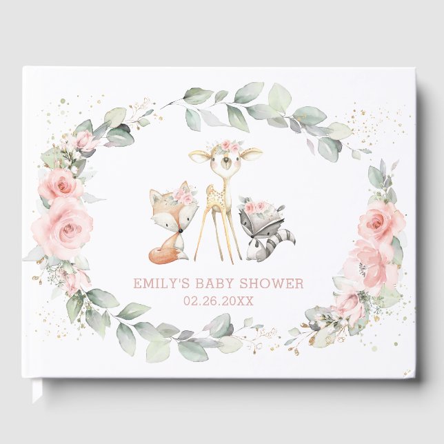 Woodland Animal Chic Blush Pink Floral Baby Shower Guest Book (Front)