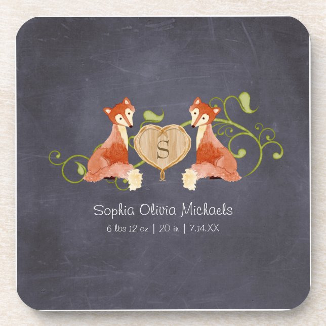 Woodland Animal Creatures, Fox n Vines Newborn Beverage Coaster (Front)