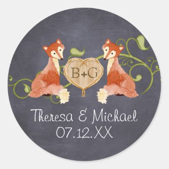 Woodland Animal Creatures  Fox N Vines Weddings Classic Round Sticker by ModernStylePaperie at Zazzle