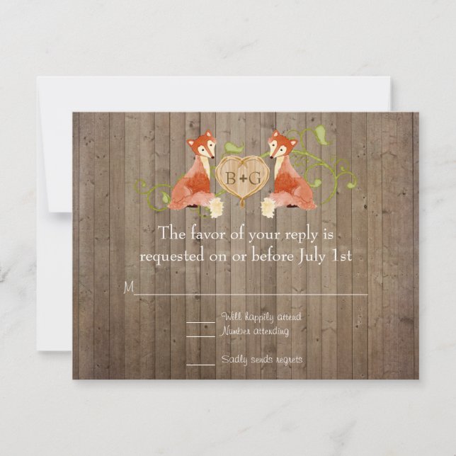 Woodland Animal Creatures, Fox n Vines Weddings RSVP Card (Front)