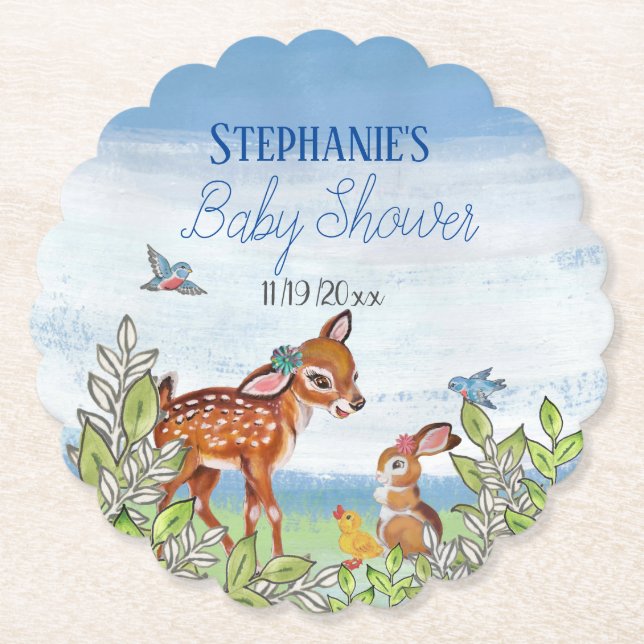 Woodland Animal Deer Bunny Duck Cute Baby Shower Paper Coaster (Front)