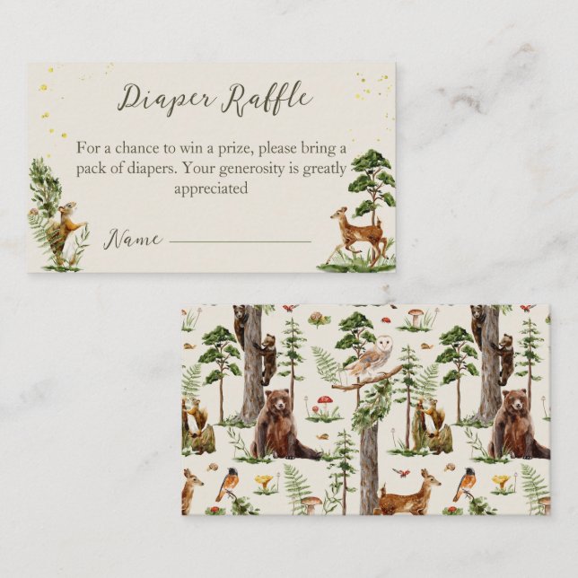 Woodland Animal Diaper Raffle baby shower game  Enclosure Card (Front/Back)