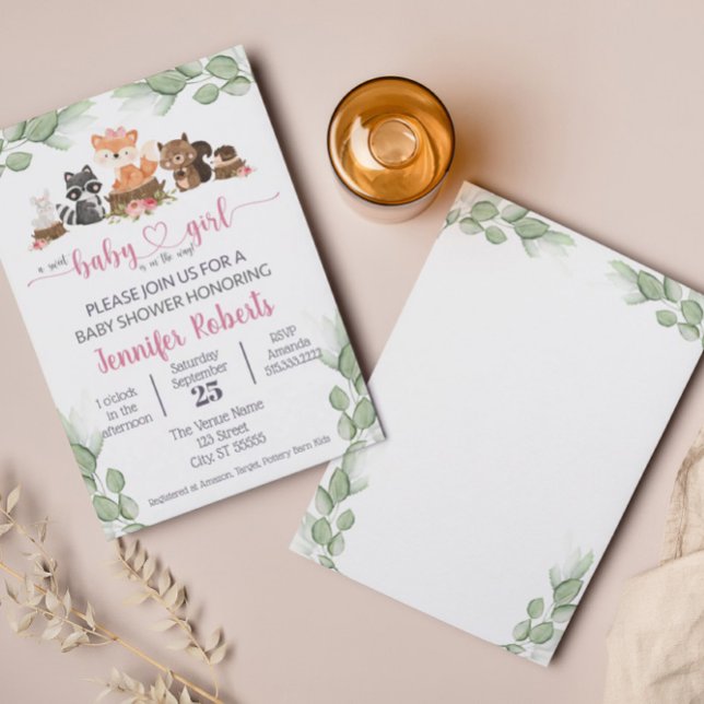 Woodland Animal Eucalyptus Pink Baby Shower Invitation (Creator Uploaded)