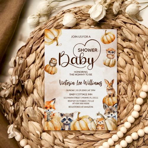 Woodland Animal Fall Pumpkin Cute Baby Shower Invitation