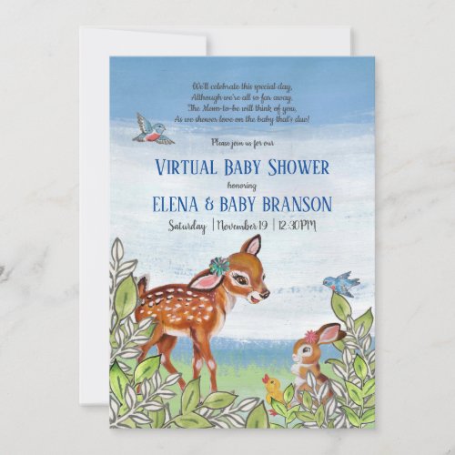 Woodland Animal Fawn Vintage Virtual Baby Shower  Invitation